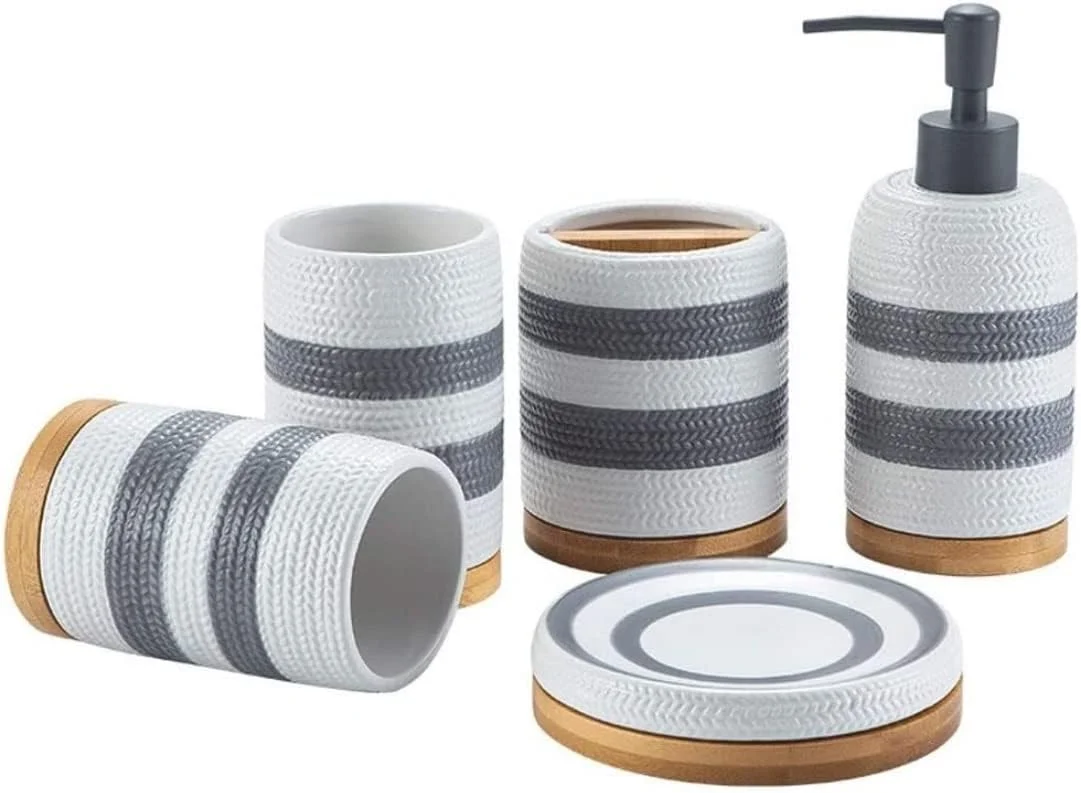 ست لوازم جانبی حمام، شامل جا مایع دستشویی، ست 5 تکه لوازم حمام، طرح راه راه گندم نقاشی شده با دست، ست سرامیکی لوازم حمام