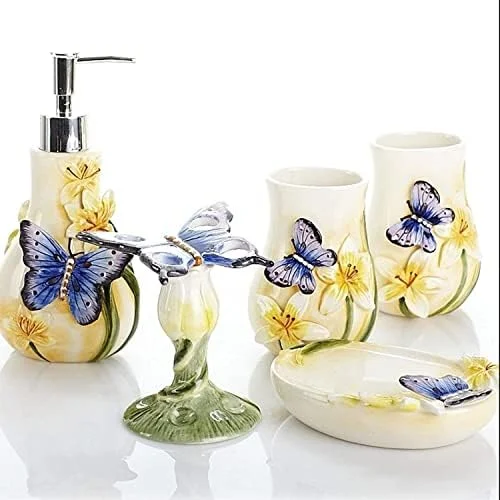 ست لوازم جانبی حمام، ست لوازم جانبی حمام با طرح برجسته سه بعدی، ست لوازم جانبی حمام سرامیکی 5 تکه با طرح پروانه