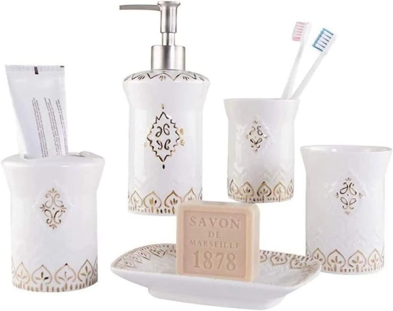 ست لوازم جانبی حمام، شامل بطری پخش کننده صابون، ست شستشوی پنج تکه، ست پخش کننده صابون، لوازم بهداشتی سرامیکی حمام به سبک اروپایی، ست لوازم جانبی حمام