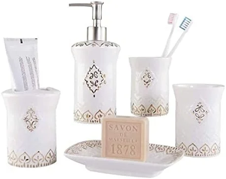 ست لوازم جانبی حمام، ست لوازم جانبی دستشویی، بطری پخش کننده صابون، ست شستشوی 5 تکه، ست پخش کننده صابون، لوازم بهداشتی سرامیکی حمام به سبک اروپایی، ست لوازم جانبی حمام