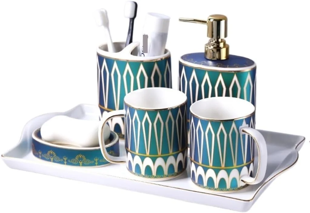 ست لوازم جانبی حمام، ست لوازم حمام سرامیکی، ست لوازم جانبی حمام 6 تکه شامل سینی مرمری، پمپ لوسیون، جا مایع صابون، جا مسواکی، جا صابونی، لوازم جانبی حمام