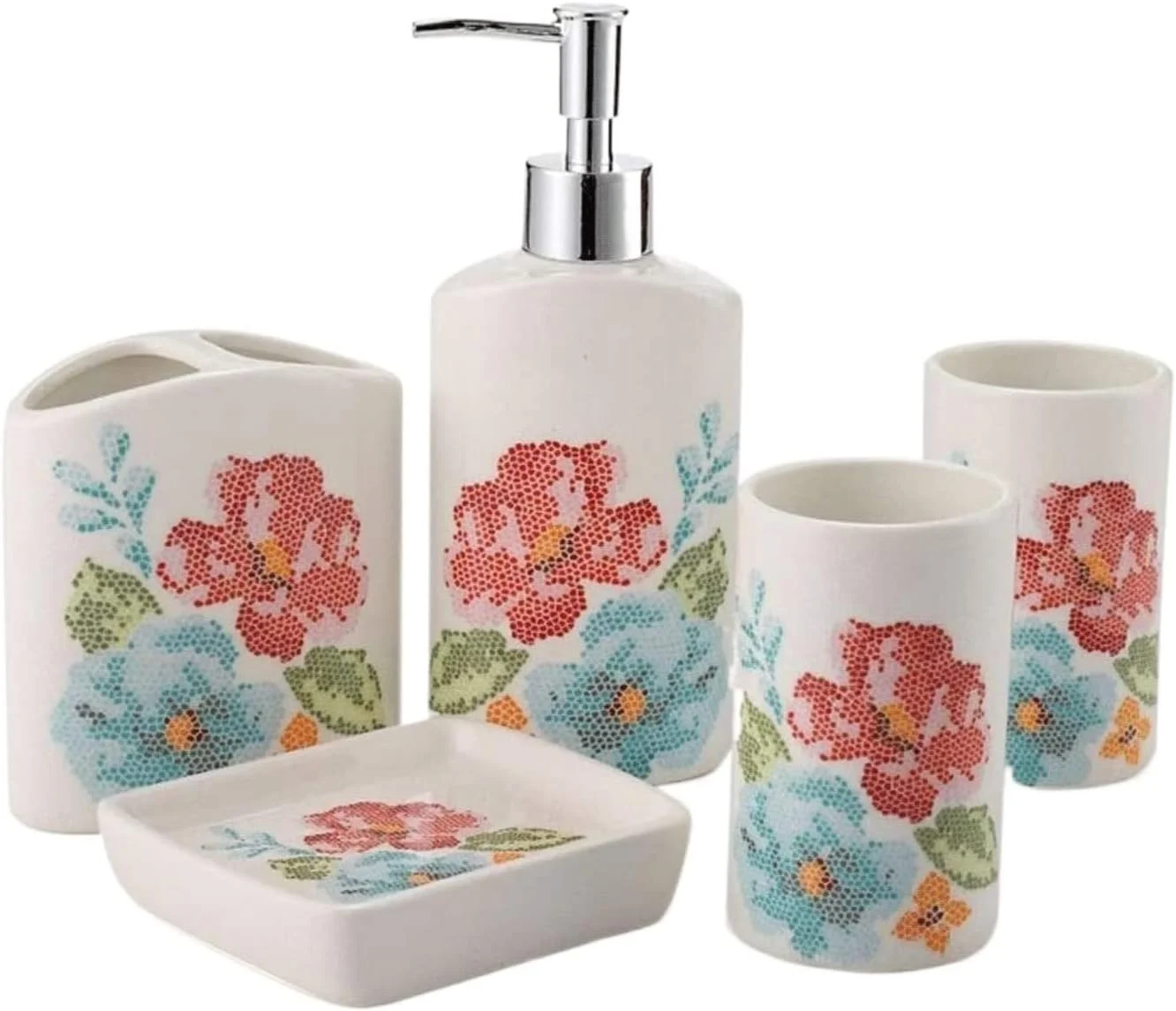 ست لوازم جانبی حمام، شامل جا مایع دستشویی، ست 5 تکه سرامیکی با جا مسواکی، جا مایع لوسیون و لوازم جانبی حمام