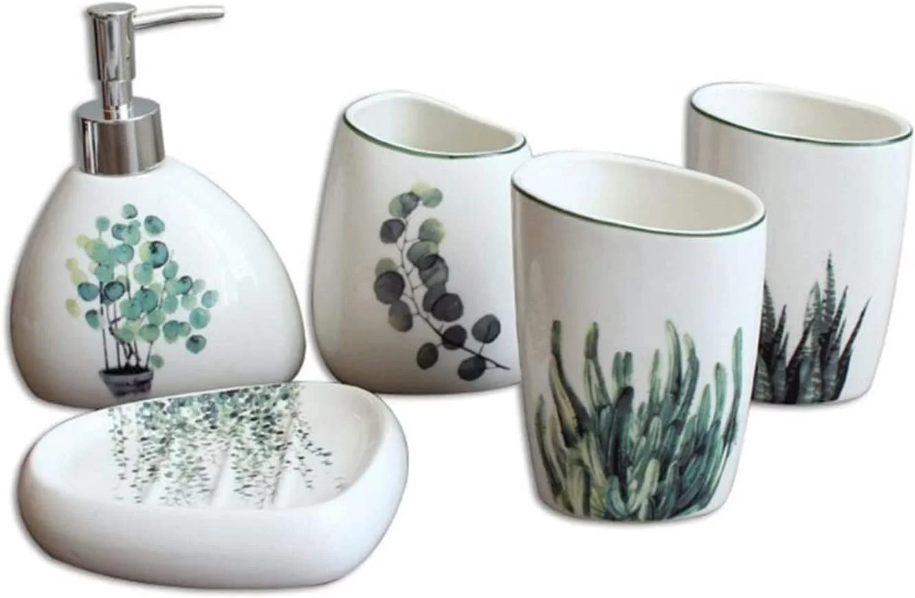 ست لوازم جانبی حمام، ست لوازم حمام، ست لوازم جانبی حمام سرامیکی 5 تکه شامل جای مایع صابون، جا صابونی، لیوان مسواک، 2 لیوان