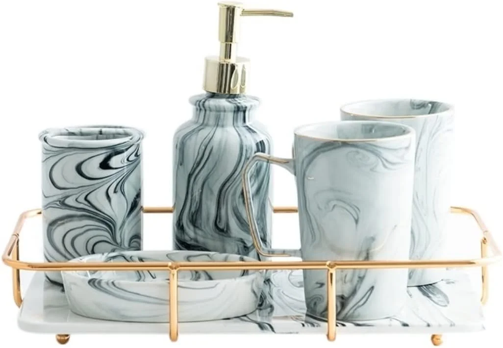 ست لوازم جانبی حمام، ست لوازم حمام سرامیکی، ست لوازم جانبی حمام 6 تکه شامل سینی مرمری، پمپ لوسیون، جا مایع صابون، جا مسواکی، جا صابونی، لوازم جانبی حمام
