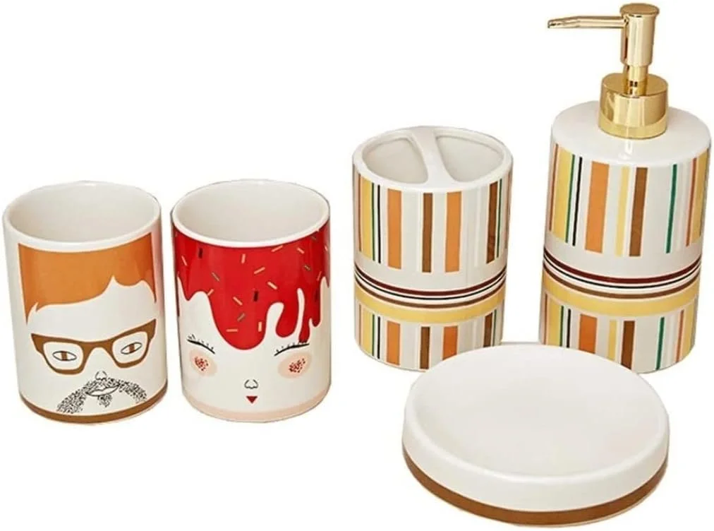 ست لوازم جانبی حمام، ست لوازم جانبی سرامیکی حمام، 5 تکه شامل جا مایع صابون، جا مسواکی، بطری پمپ لوسیون