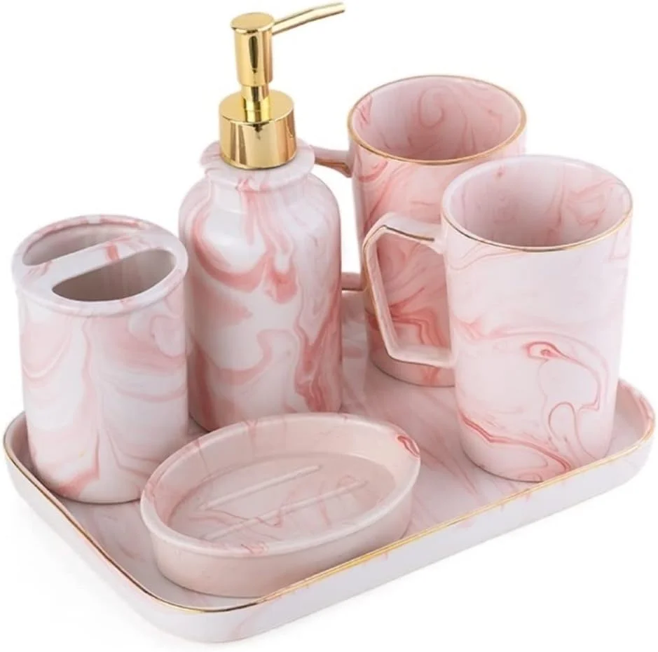 ست لوازم جانبی حمام، ست لوازم حمام سرامیکی، ست لوازم جانبی حمام 6 تکه شامل سینی مرمری، پمپ لوسیون، جا مایع صابون، جا مسواکی، جا صابونی، لوازم جانبی حمام