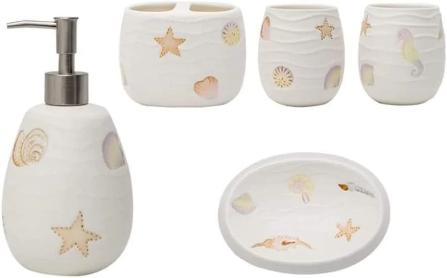 ست لوازم جانبی حمام، سری دریایی، 5 تکه، شامل جا مایع صابون، جا مسواکی، جا صابونی و لیوان ست لوازم جانبی حمام، سری دریایی، 5 تکه، شامل جا مایع صابون، جا مسواکی، جا صابونی و لیوان