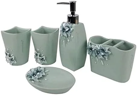 ست لوازم جانبی حمام، ست لوازم حمام 5 تکه شامل جا مایع دستشویی، جا مسواکی، لیوان، جا صابونی، ست لوازم جانبی حمام سبز