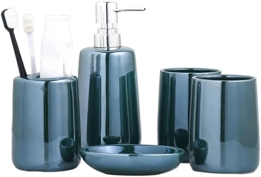 ست لوازم جانبی حمام، ست 5 تکه لوازم جانبی حمام، شامل جا مایع صابون برای مایع دستشویی، لوسیون، جا صابونی و جا مسواکی
