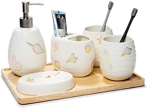ست لوازم جانبی حمام، ست لوازم حمام 5 تکه سرامیکی، شامل جای صابون، جای مایع دستشویی، جا مسواکی، کیت لوازم حمام و جای مایع دستشویی