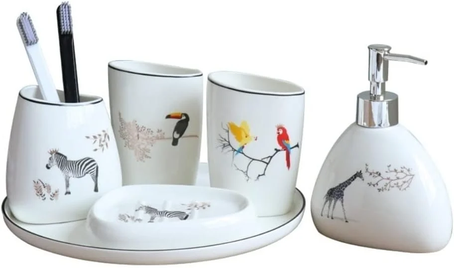 ست لوازم جانبی حمام شامل جا مایع دستشویی طرح حیوانات بامزه، جا مسواکی و جا صابونی