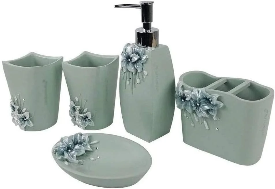 ست لوازم جانبی حمام، ست لوازم حمام 5 تکه شامل جا مایع دستشویی، جا مسواکی، لیوان، جا صابونی، ست لوازم جانبی حمام سبز
