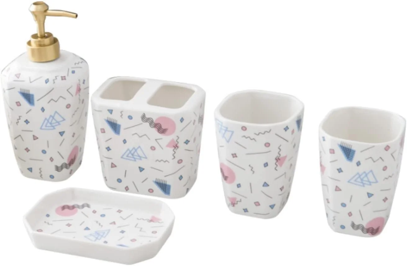 ست لوازم جانبی حمام، ست لوازم حمام، ست جا مایع دستشویی، سرامیک طرح هندسی به سبک اروپایی، ست پنج تکه لوازم شستشو، ست حمام، لوازم جانبی حمام