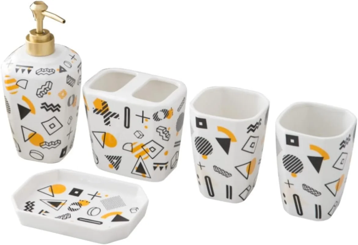 ست لوازم جانبی حمام، ست لوازم حمام، ست جا مایع دستشویی، سرامیک طرح هندسی به سبک اروپایی، ست پنج تکه لوازم شستشو، ست حمام، لوازم جانبی حمام