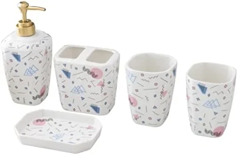ست لوازم جانبی حمام، ست لوازم حمام، ست جا مایع دستشویی، سرامیک طرح هندسی به سبک اروپایی، ست پنج تکه لوازم شستشو، ست حمام