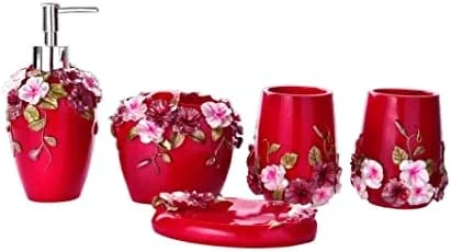 ست لوازم جانبی حمام، ست لوازم حمام رزینی قرمز، شامل جای مایع صابون/جا مسواکی/لیوان/جای صابون، ست 5 تکه لوازم جانبی حمام