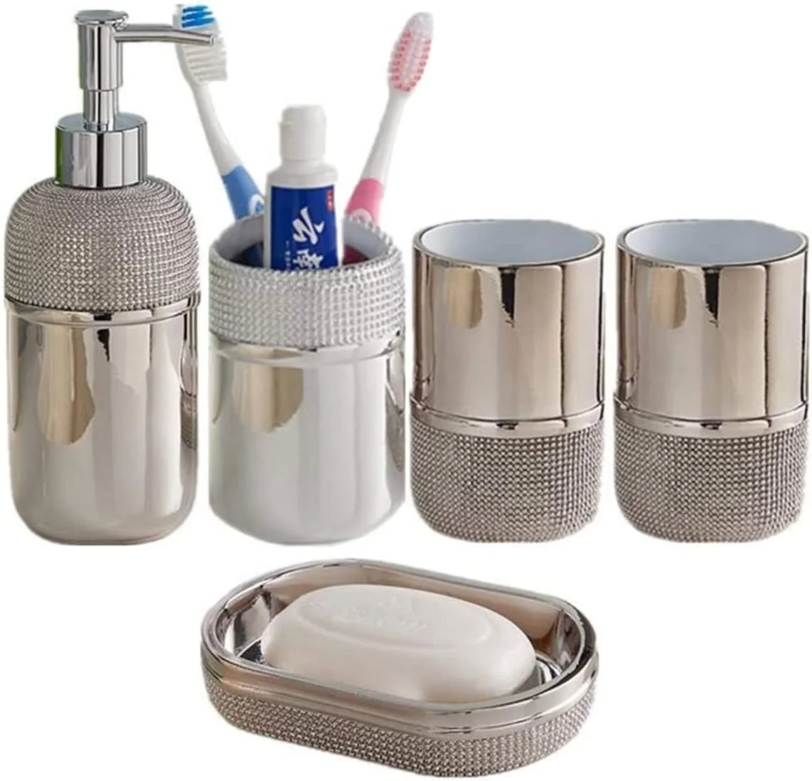 ست لوازم جانبی حمام، ست لوازم جانبی حمام 5 تکه رزینی، تزئینات مهره نقره ای شیک، هدایای خلاقانه منزل، ست لوازم جانبی حمام