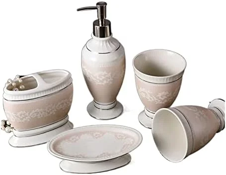 ست لوازم جانبی حمام، ست لوازم جانبی حمام سرامیکی 5 تکه به سبک اروپایی رترو، کیت حمام به سبک ساده برای هدیه خانه نویی، ست لوازم جانبی حمام
