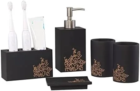 ست لوازم جانبی حمام، ست پنج تکه لوازم حمام با طرح گل صد تومانی طلایی، لوازم شستشوی حمام، ست لوازم جانبی رزینی حمام مناسب هدیه