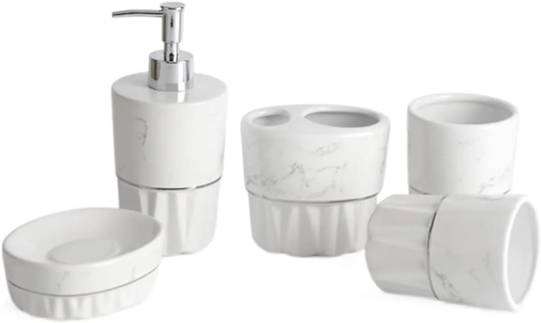ست لوازم جانبی حمام، ست لوازم جانبی حمام 5 تکه سرامیکی طرح سنگ مرمر، کیت های حمام، لوازم خانگی ساده مناسب هتل، ست لوازم جانبی حمام