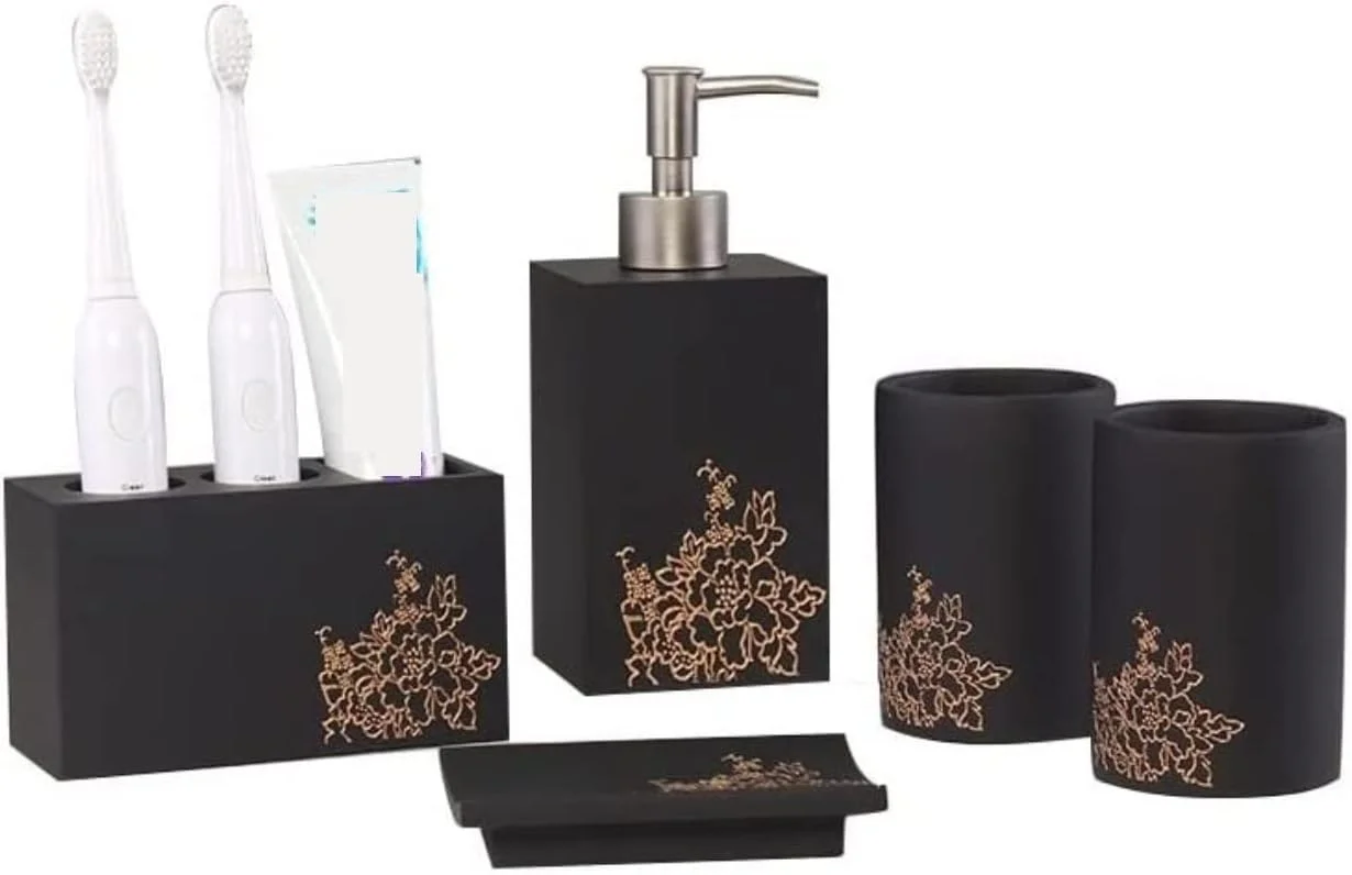 ست لوازم جانبی حمام، ست پنج تکه لوازم حمام، ست شستشو، لوازم حمام رزینی با طرح گل صد تومانی طلایی، مناسب هدیه