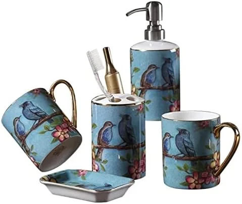 ست لوازم جانبی حمام، ست لوازم جانبی حمام آبی رویایی پنج تکه سرامیکی به سبک اروپایی شامل لیوان دهانشویه، جا مسواکی و لوازم جانبی حمام