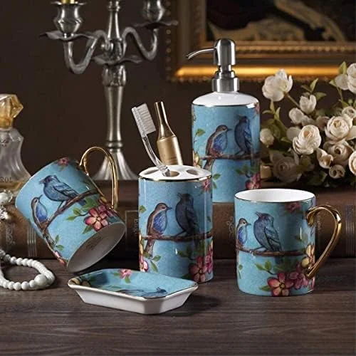 ست لوازم جانبی حمام، ست لوازم جانبی حمام آبی رویایی پنج تکه سرامیکی به سبک اروپایی شامل لیوان دهانشویه، جا مسواکی و لوازم جانبی حمام ست لوازم جانبی حمام، ست لوازم جانبی حمام آبی رویایی پنج تکه سرامیکی به سبک اروپایی شامل لیوان دهانشویه، جا مسواکی و لوازم جانبی حمام