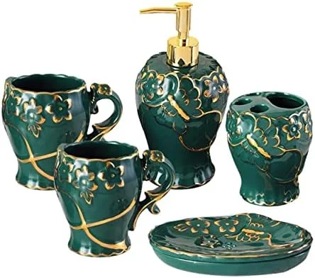 ست لوازم جانبی حمام، ست لوازم حمام، ست حمام سرامیکی با طرح برجسته لوکس سبز تیره، ست لوازم جانبی حمام برای هدیه خانه نویی
