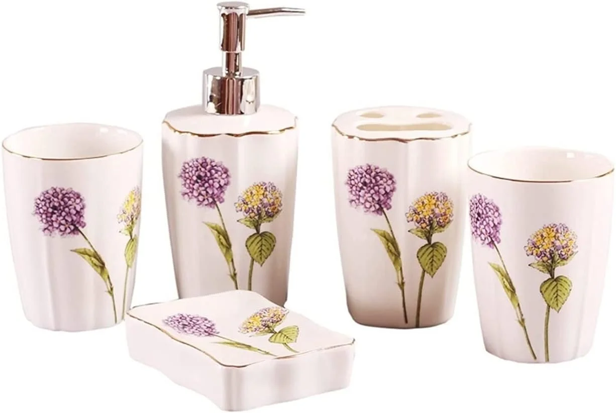 ست لوازم جانبی حمام، ست لوازم حمام خانگی با رنگ اسطوخودوس، ست پنج تکه لوازم سرامیکی، محصولات شستشو، ست حمام به سبک اروپایی، ست لوازم جانبی حمام