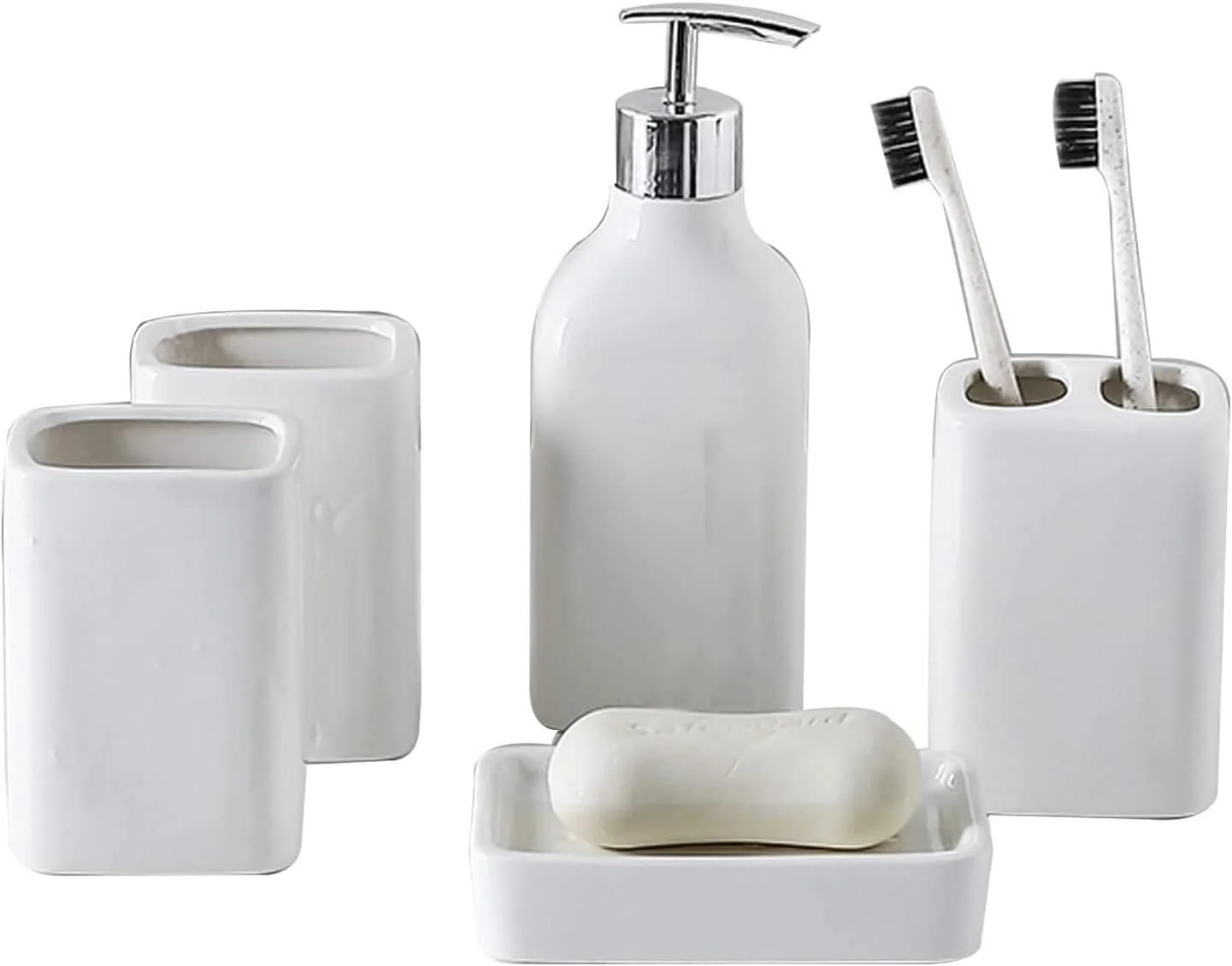 ست لوازم جانبی حمام، ست لوازم جانبی حمام با طراحی مدرن، ست 5 تکه لوازم جانبی سرامیکی حمام، لوازم جانبی حمام لوکس سفید، ست حمام برای هدیه، ست لوازم جانبی حمام