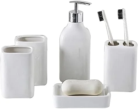 ست لوازم جانبی حمام، طراحی مدرن، ست 5 تکه سرامیکی، لوازم لوکس سفید، مناسب هدیه