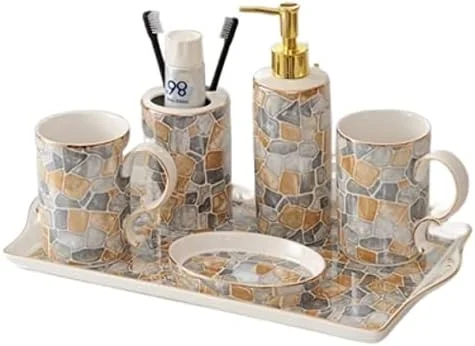 ست لوازم جانبی حمام، ست لوازم حمام، جام دهانشویه لوکس، جا مسواکی، لوازم حمام پنج تکه، ست حمام سرامیکی نوردیک، ست لوازم جانبی حمام