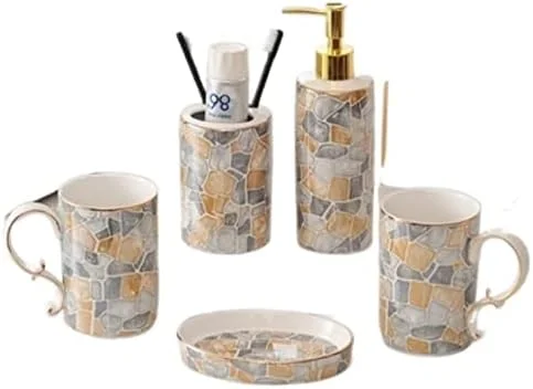 ست لوازم جانبی حمام، ست لوازم حمام لوکس، فنجان دهان شویه، جا مسواکی، ست پنج تکه سرامیکی لوازم حمام به سبک نوردیک