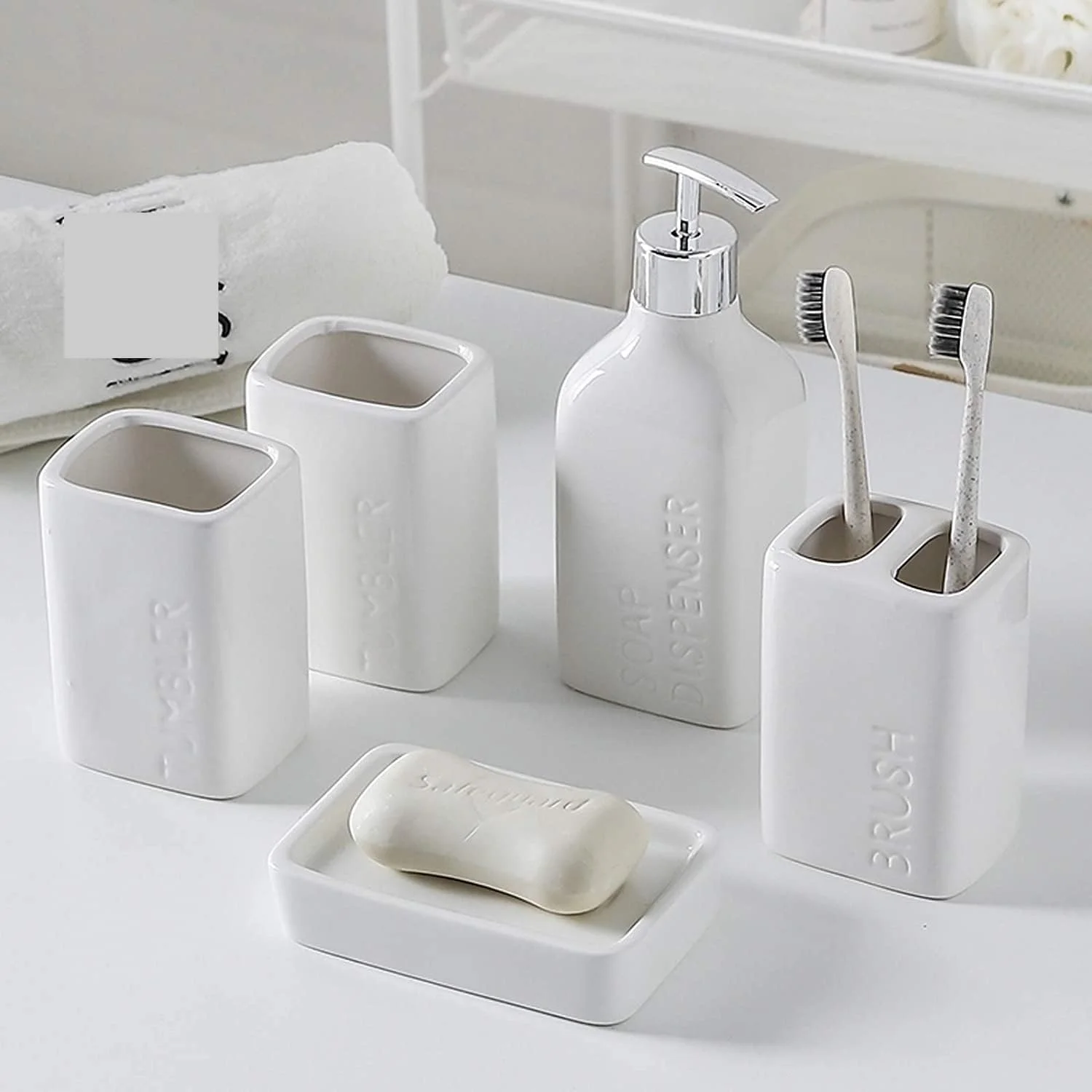 ست لوازم جانبی حمام، ست لوازم جانبی حمام با طراحی مدرن، ست 5 تکه لوازم جانبی سرامیکی حمام، لوازم جانبی حمام لوکس سفید، ست حمام برای هدیه، ست لوازم جانبی حمام