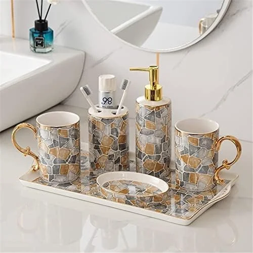 ست لوازم جانبی حمام، ست لوازم حمام لوکس، فنجان دهان شویه، جا مسواکی، ست پنج تکه سرامیکی لوازم حمام به سبک نوردیک