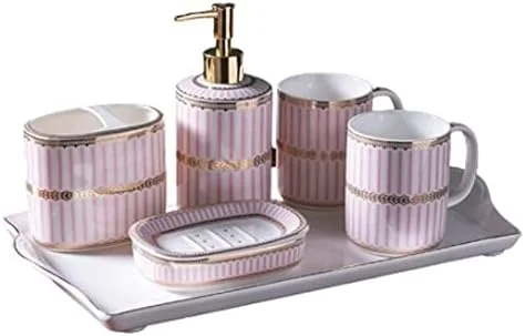 ست لوازم جانبی حمام، ست لوازم حمام، ست حمام 5 تکه، ست سینک حمام شامل سینی، جا مسواکی، لیوان، جا صابونی، مایع ریز صابون