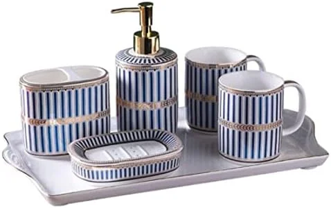 ست لوازم جانبی حمام، ست لوازم حمام، ست حمام 5 تکه، ست سینک حمام شامل سینی، جا مسواکی، لیوان، جا صابونی، و پمپ مایع دستشویی