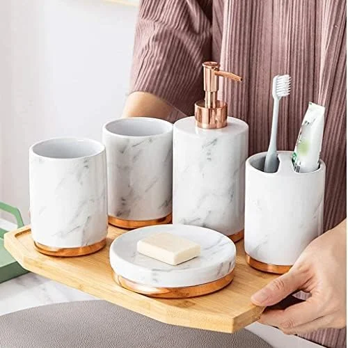 ست لوازم جانبی حمام، ست لوازم جانبی حمام با پایه فلزی، ست لوازم حمام 5 تکه با طرح سنگ مرمر، لوازم جانبی حمام، جای مایع دستشویی، جا صابونی