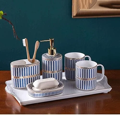 ست لوازم جانبی حمام، ست لوازم حمام، ست حمام 5 تکه، ست سینک حمام شامل سینی، جا مسواکی، لیوان، جا صابونی، و پمپ مایع دستشویی