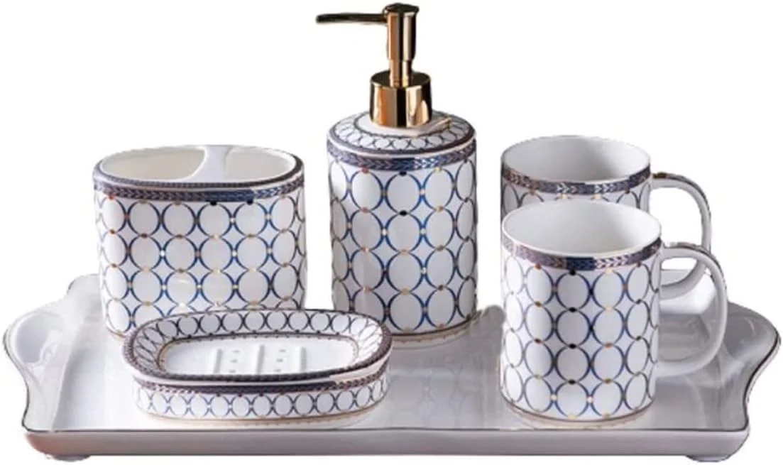 ست لوازم جانبی حمام، ست لوازم حمام، ست حمام 5 تکه، ست سینک حمام شامل سینی، جا مسواکی، لیوان، جا صابونی، مایع ریز صابون، ست لوازم جانبی حمام