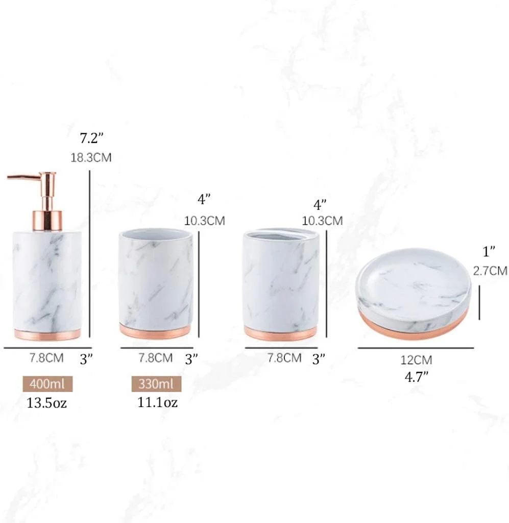 ست لوازم جانبی حمام، ست لوازم جانبی حمام با پایه فلزی، ست 5 تکه لوازم حمام با طرح سنگ مرمر، لوازم جانبی شامل جای مایع دستشویی و جا صابونی