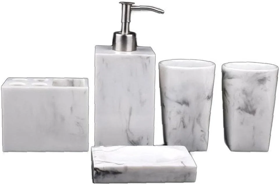 ست لوازم جانبی نوشیدنی و لوازم حمام، جا مایع دستشویی رزینی، جا مسواکی، دکور سرویس بهداشتی سفید 5 تکه