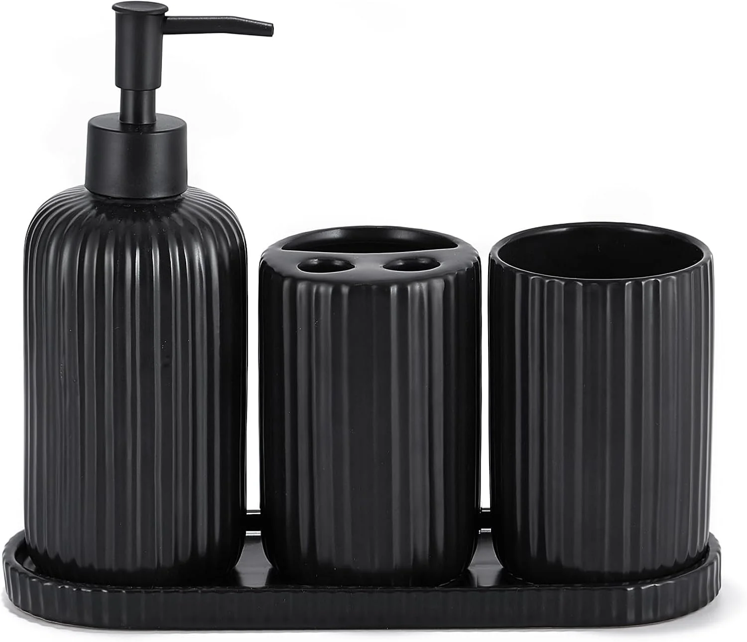 ست لوازم جانبی حمام مشکی، طرح راه راه، ست 4 تکه سرامیکی کامل - جا مسواکی، جا مایع صابون، سینی روشویی، لیوان مسواک، دکور شیک حمام مشکی، هدیه خانه نویی