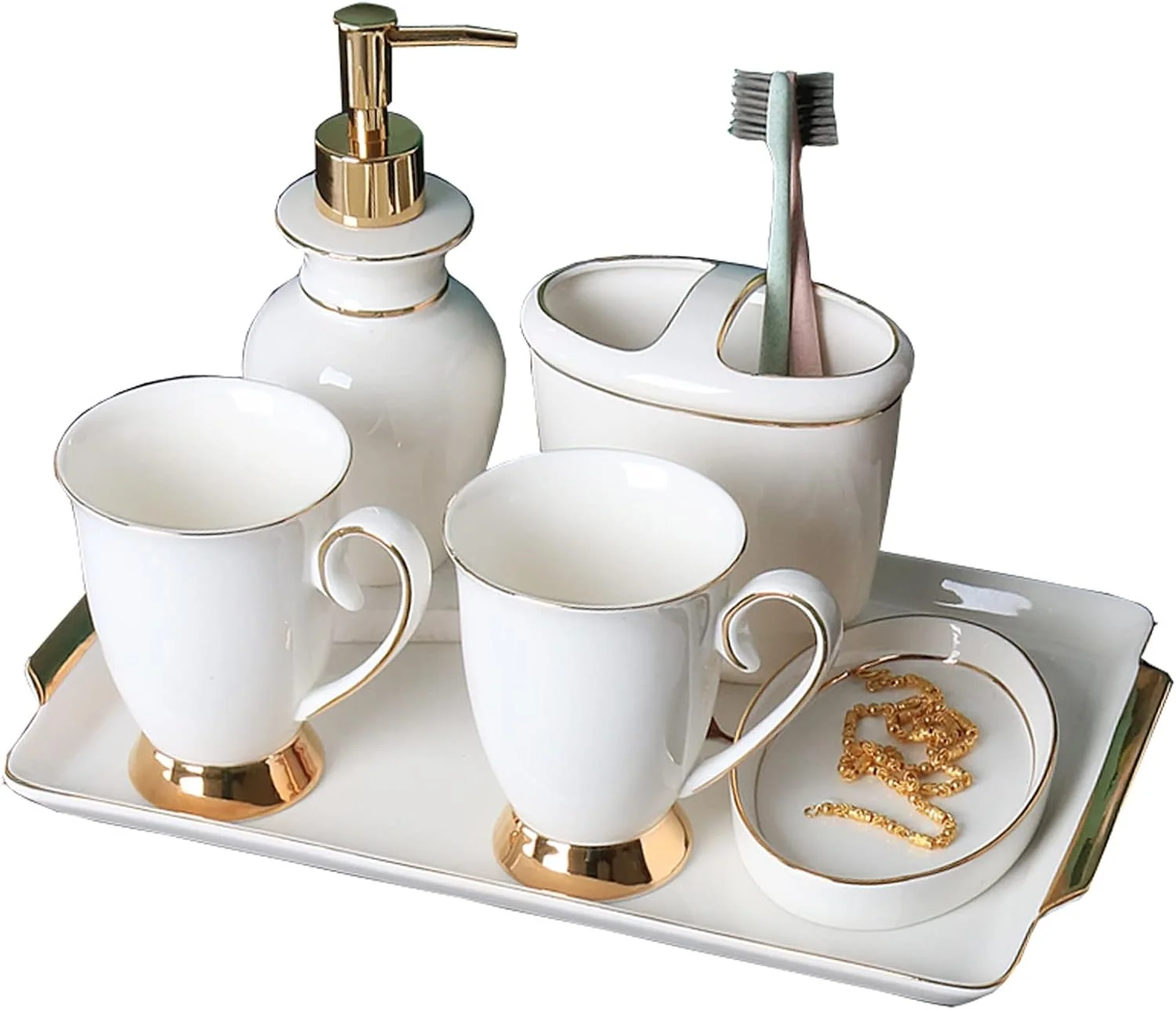 ست لوازم جانبی سرامیکی 6 تکه موزی برای حمام، کیت دکوری سفید رنگ برای پیشخوان روشویی، شامل جای مایع صابون یا لوسیون - جا مسواکی - 2 عدد لیوان دهانشویه