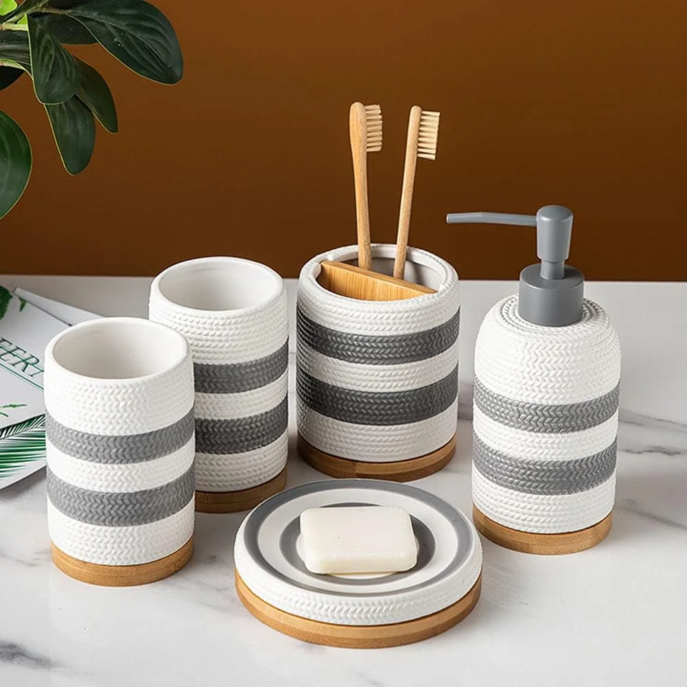 ست لوازم جانبی سرامیکی 5 تکه برای حمام، ست لوازم جانبی رومیزی روشویی حمام، جای مایع صابون، جای لوسیون، جا صابونی، جا مسواکی، لیوان