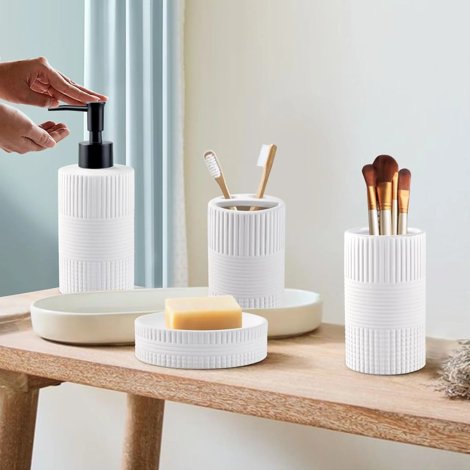 ست لوازم جانبی حمام 4 تکه، ست های سرامیکی کامل حمام - جا مسواکی، جا مایع صابون، جا صابونی، لیوان مسواک، دکور حمام مدرن روستایی، نظم دهنده حمام برای روی میز