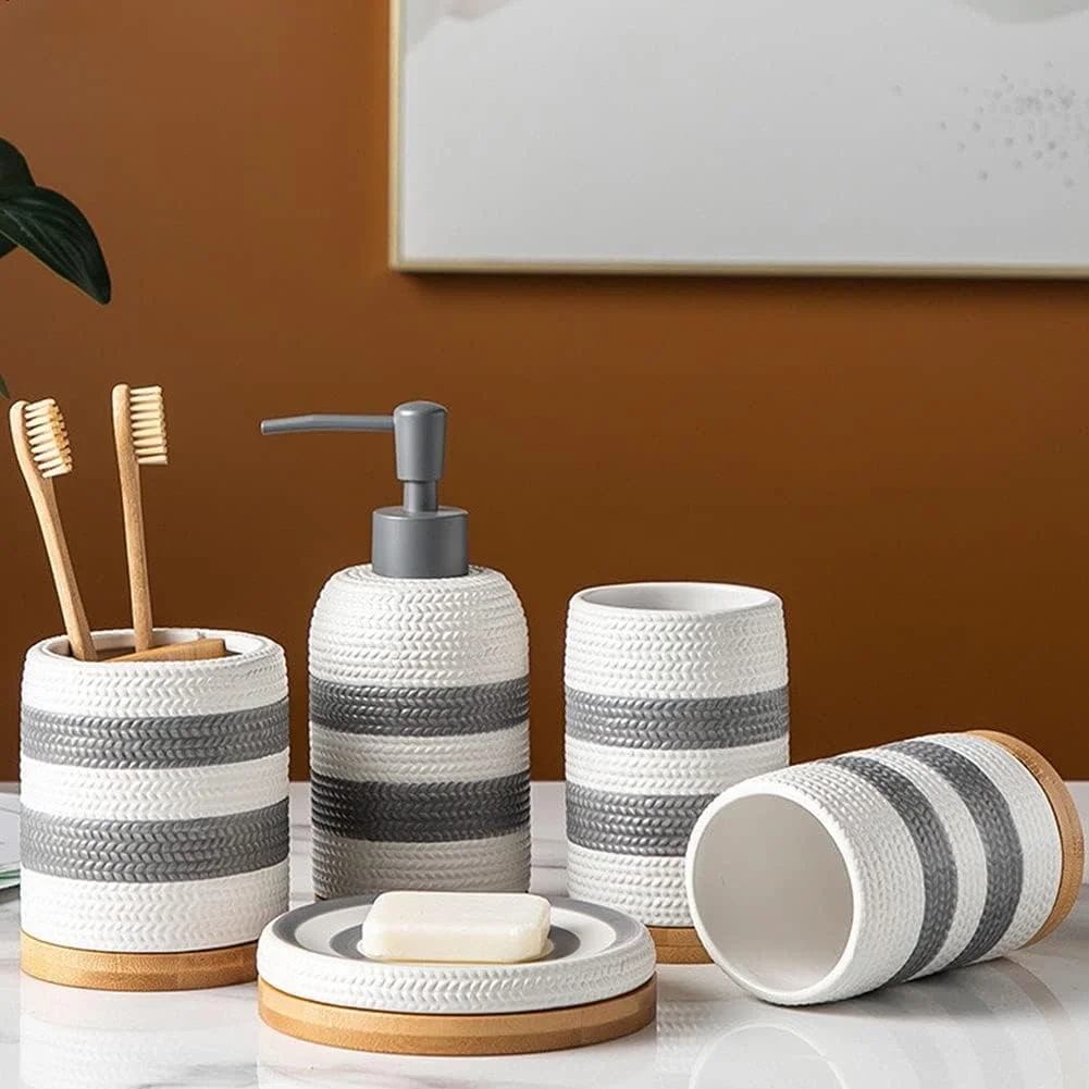 ست لوازم جانبی سرامیکی 5 تکه برای حمام، ست لوازم جانبی رومیزی روشویی حمام، جای مایع صابون، جای لوسیون، جا صابونی، جا مسواکی، لیوان