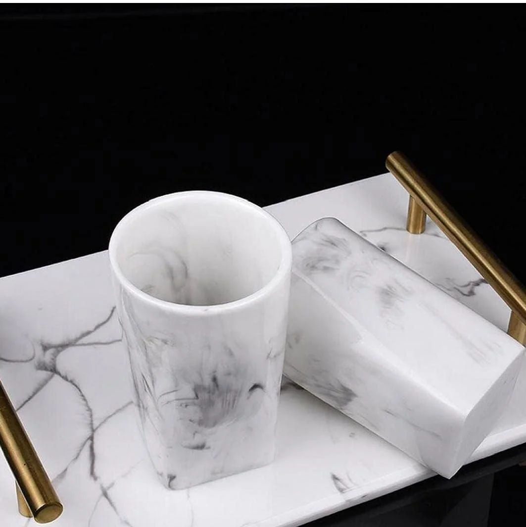 ست لوازم جانبی نوشیدنی و لوازم حمام، جا مایع دستشویی رزینی، جا مسواکی، دکور سرویس بهداشتی سفید 5 تکه