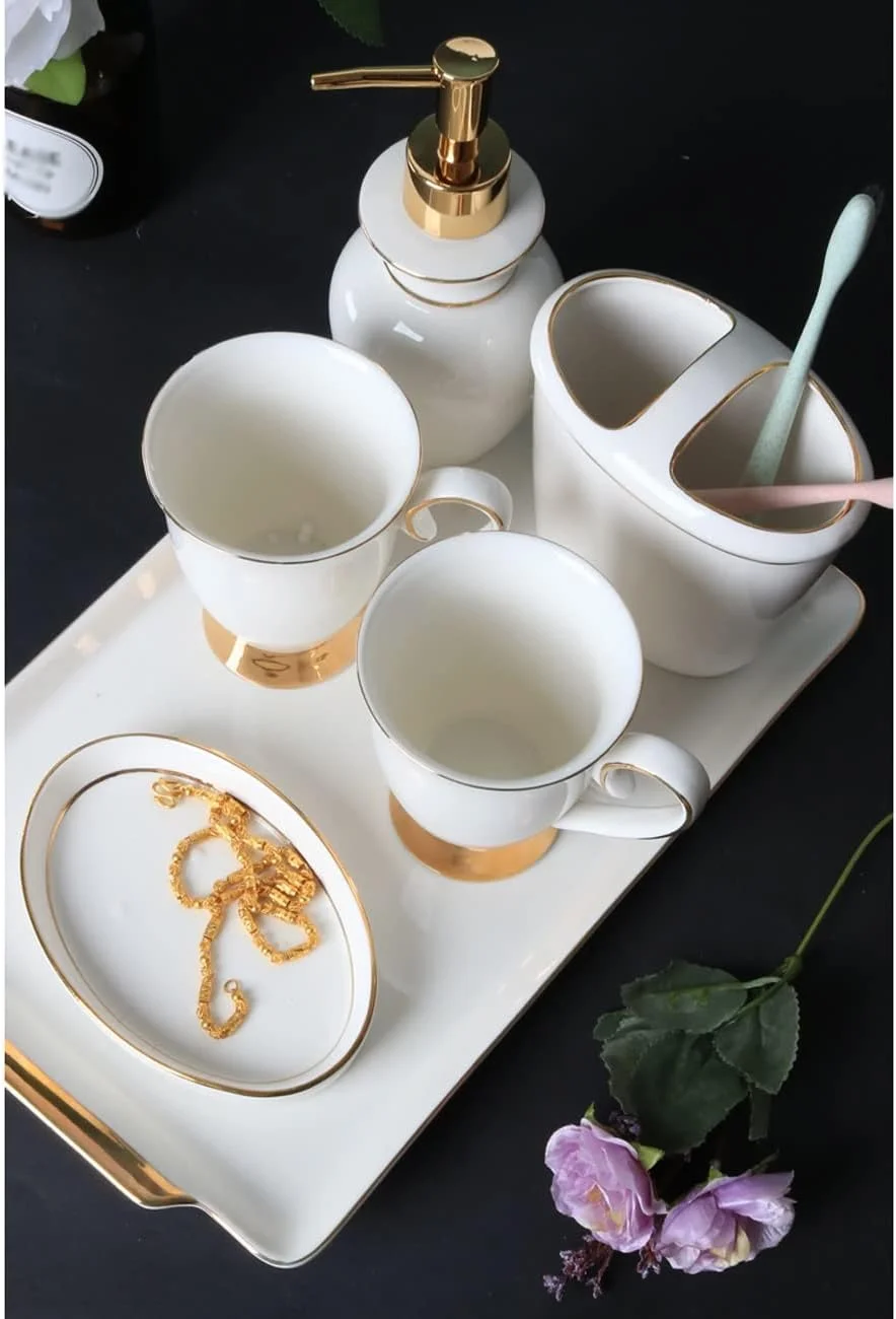 ست لوازم جانبی سرامیکی 6 تکه موزی برای حمام، کیت دکوری سفید رنگ برای پیشخوان روشویی، شامل جای مایع صابون یا لوسیون - جا مسواکی - 2 عدد لیوان دهانشویه