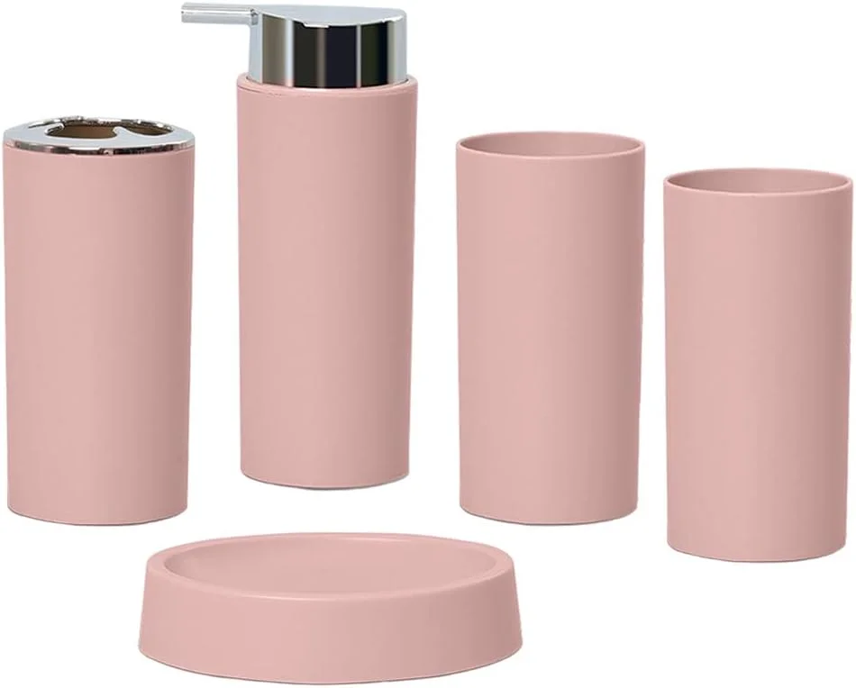 ست لوازم جانبی لوکس حمام، جام، 5 تکه، دکوراسیون منزل، جای مایع دستشویی رومیزی، لیوان مسواک، جا مسواکی مناسب خانه، آپارتمان، هدیه - صورتی